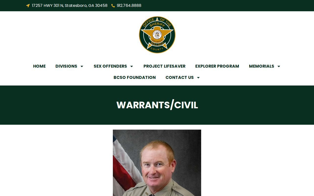 Bulloch County Sheriff Warrants and Civil unit page with no public active warrant list