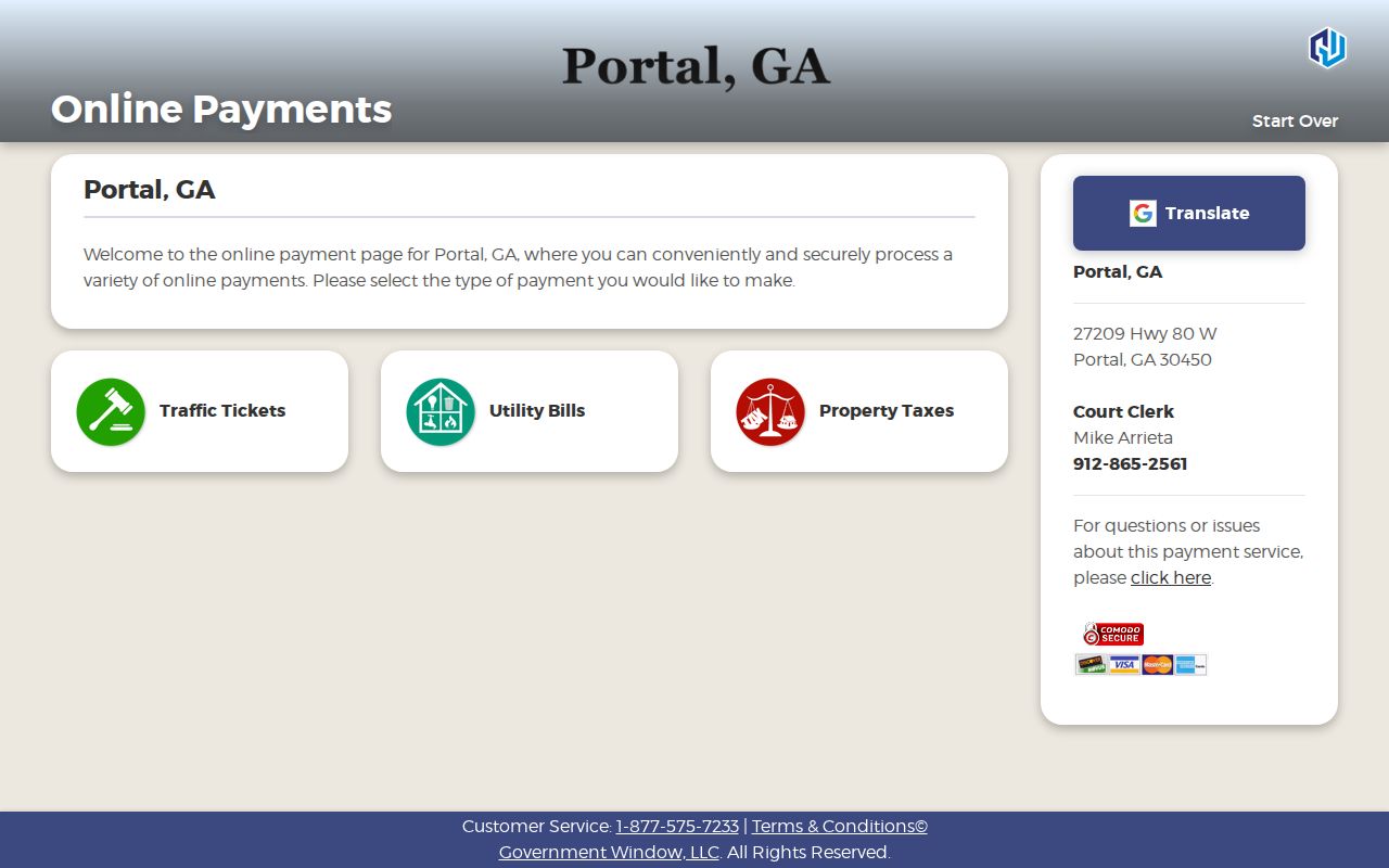 Portal Georgia Government Window landing page with traffic tickets and court clerk contact